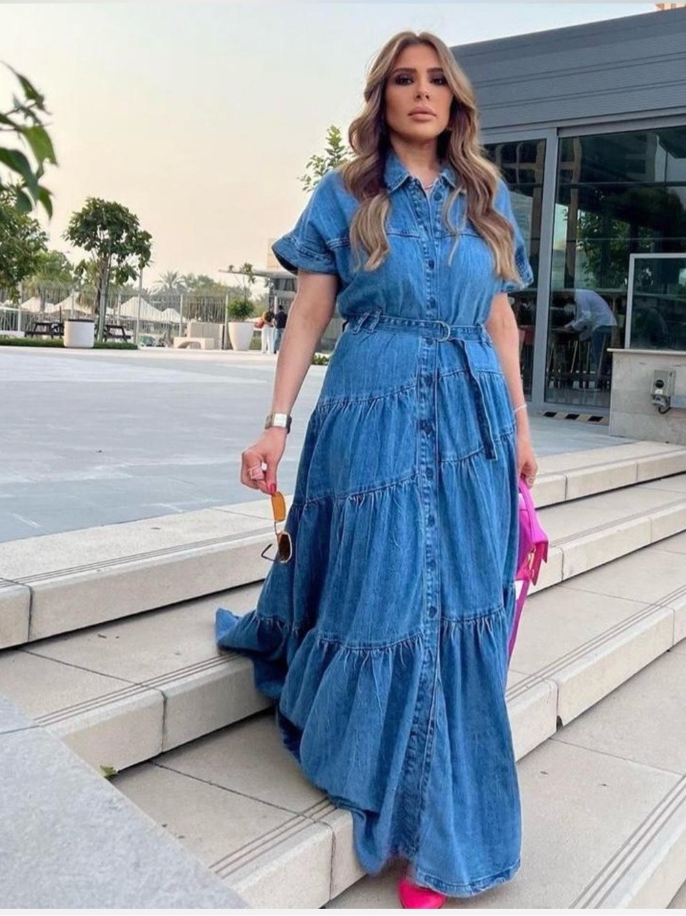 Zara Denim Tiered Maxi Dress - Blue